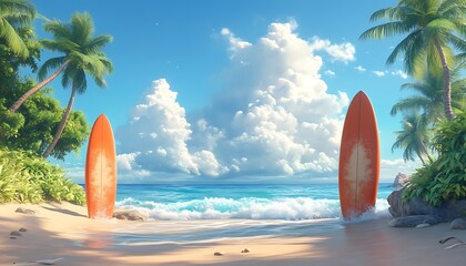 Two surfboards stand on a sandy beach with blue ocean waves in the background,  underneath a cloudy blue sky.