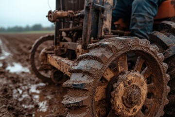 Obraz premium A close-up of a mud-covered tractor wheel in a field, captured during the autumn season, showcasing the rugged and hardworking nature of farm machinery.