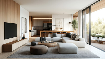 Fototapeta premium Modern, open-concept living room with neutral-colored sectional sofa, round coffee table, TV on wooden panel wall, and kitchen area with bar stools and large windows to patio.