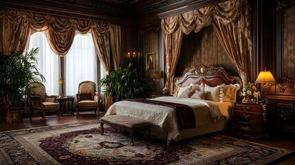 Beautifully designed classic bedroom featuring a grand bed floral curtains and a Persian rug creating a cozy and elegant ambiance for peaceful relaxation