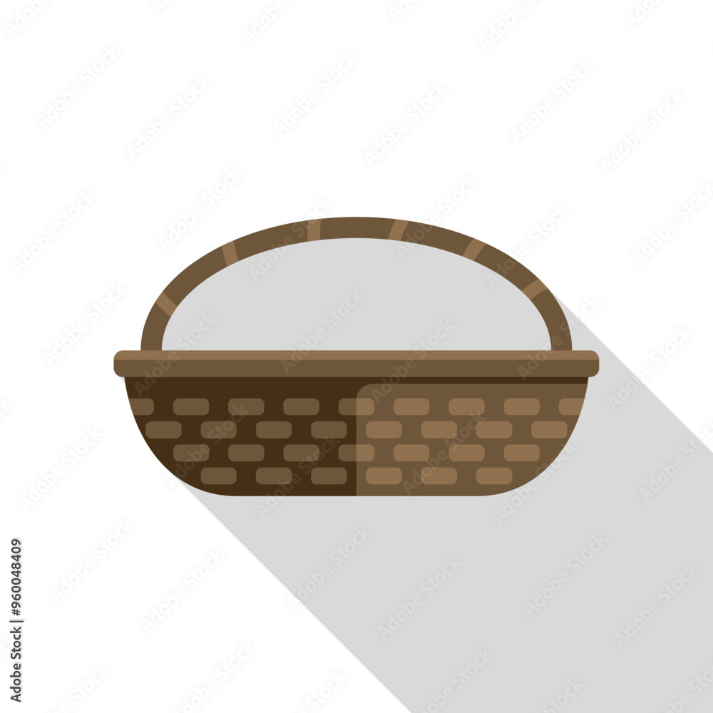 Poster empty wicker basket with a handle casting a long shadow on a white background