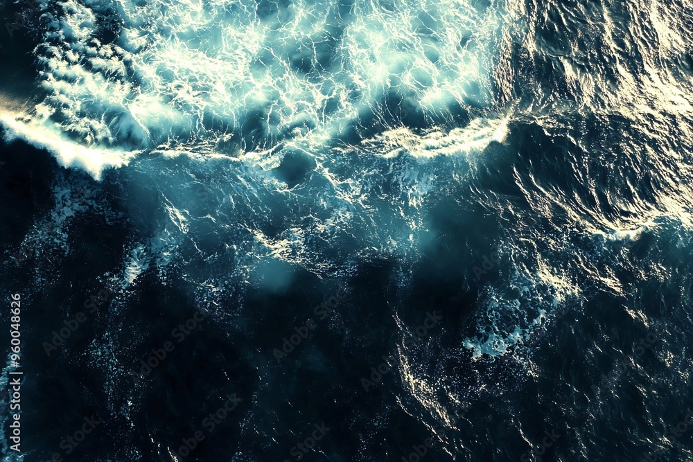 Aufkleber captivating aerial view of deep blue ocean waves crashing, creating stunning foam patterns. evokes a