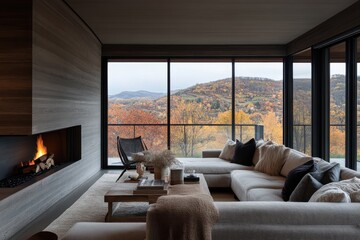 Obraz premium An elegant living room with a modern fireplace and floor-to-ceiling windows showcasing a vibrant autumn landscape, featuring sophisticated furniture and cozy decor.