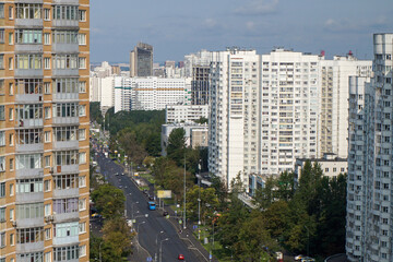 Big city homes. Top view of the city street and city buildings.
