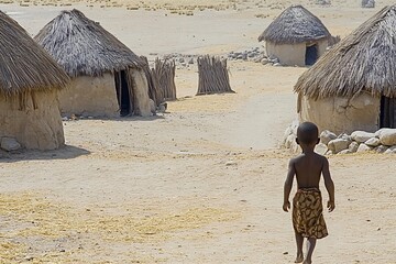 Young boy walks alone in an african village of thatched huts, capturing the essence of rural life in a poverty-stricken area shaped by heat and isolation