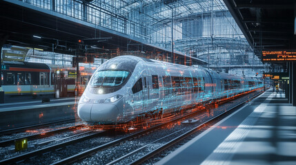 Fototapeta premium A sleek high-speed train arrives at a modern station, blending technology and design in the heart of urban transport.