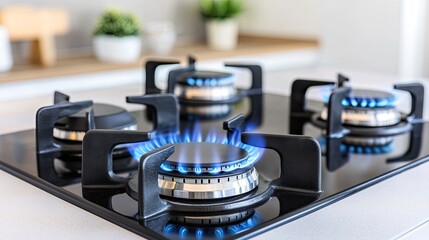 The blue flame dances atop the gas stove, illuminating the kitchen's modern design with white tiles, showcasing functional elegance and warmth