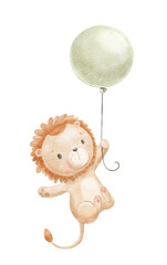 Cute lion is flying with green balloon. Watercolor baby animal
