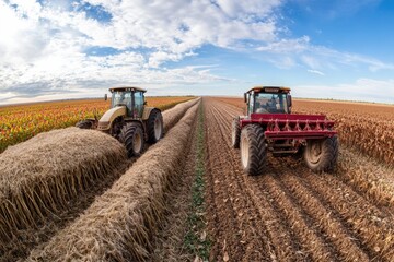 Obraz premium Two tractors are harvesting crops on a sprawling farmland under a partly cloudy sky, showcasing the machinery and scale involved in modern agricultural practices.