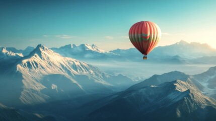 Obraz premium Hot air balloon is floating over a vast valley of snow covered mountains on a beautiful morning. The sunlight is shining on the mountain peaks