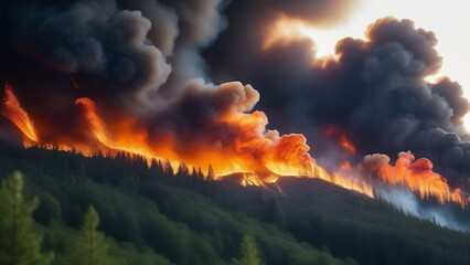Fototapeta premium Large forest fire over a large area of high category