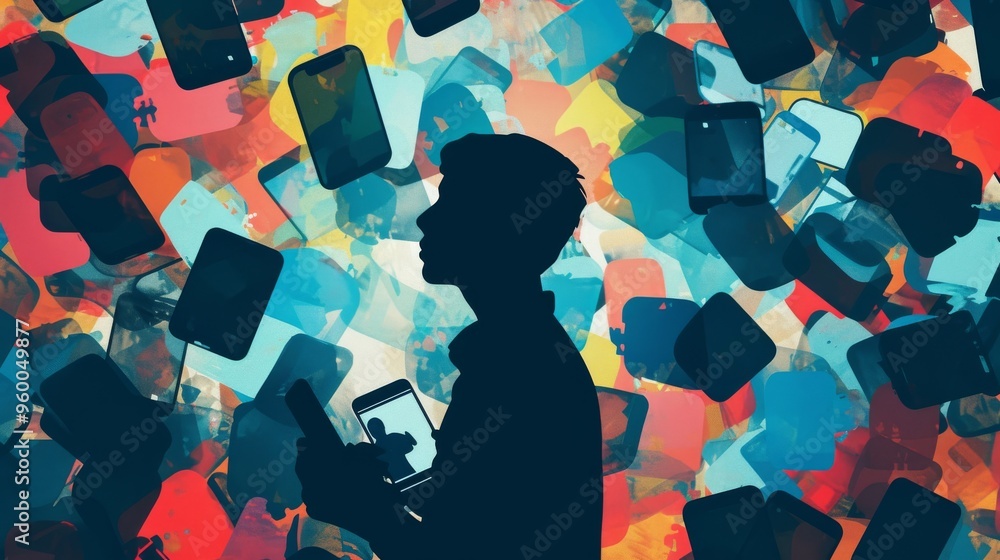 Poster a silhouette of a person is encircled by an array of colorful smartphones in a dynamic abstract back