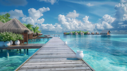 A long wooden walkway leads to a water bungalow, with thatched huts in the distance.