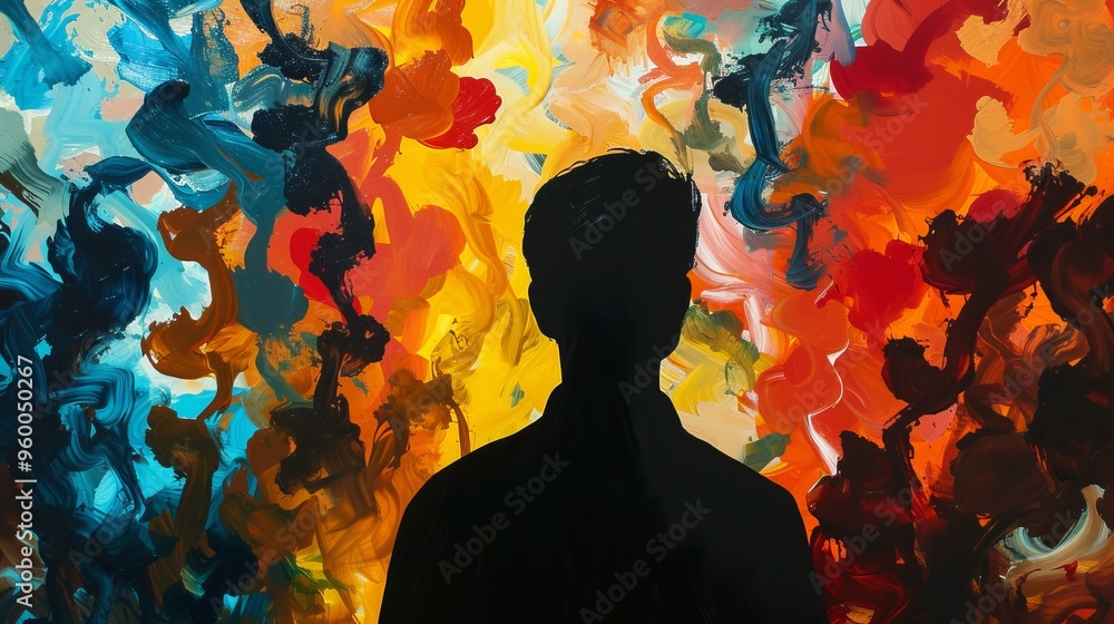 Poster a dark silhouette of a person is set against a vivid background of abstract brushstrokes. the energe