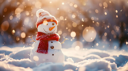 A cheerful snowman dressed in a red hat and scarf, standing in a snowy landscape with sunlight and soft bokeh effects, capturing the joy of winter
