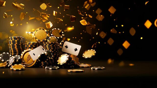 Casino chips and golden coins on black background with bokeh, Concept of casino game poker, card playing, gambling chips in a black and gold style banner backdrop background