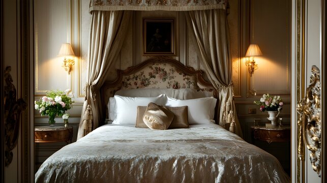 Step into the timeless elegance of a classic bedroom featuring a captivating canopy bed dressed in luxurious satin bedding and illuminated by the warm glow of traditional wall sconces