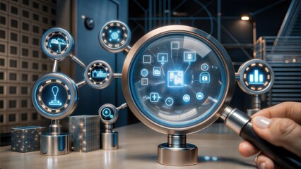 Futuristic Data Analysis with Digital Interfaces and Magnifying Glass in Modern Office