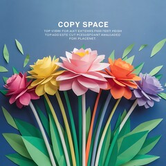 Obraz premium Top view of multicolored paper cut flowers with green leaves on blue background with copy space