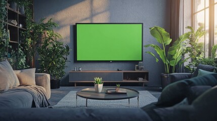 Modern Living Room with Green Screen TV