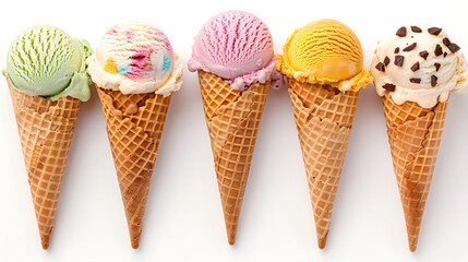 A vibrant display of five ice cream cones featuring pistachio, rainbow, strawberry, mango, and chocolate chip flavors, isolated on a white background.