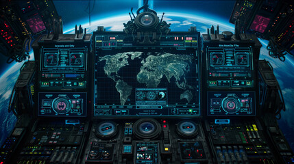 Fototapeta premium A high-tech space command center showing a world map and data on multiple screens, with Earth visible in the background