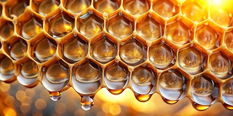 Clear water droplets dangle precariously on the edge of the intricate honeycomb, refracting sunlight into tiny prisms