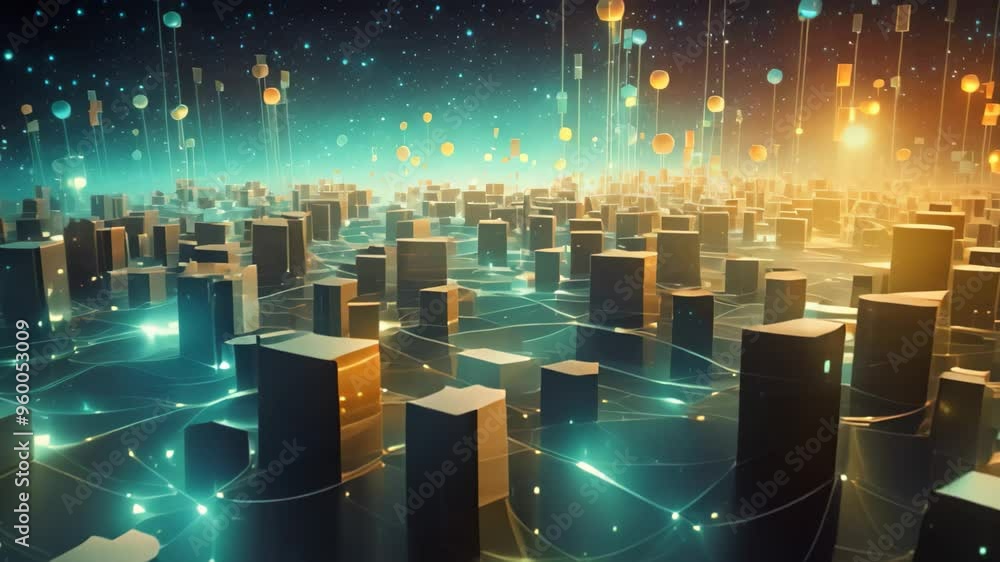 Poster 3d rendering of abstract digital city with connection lines on dark blue background, cyber big data 