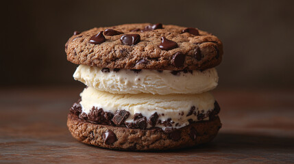 Fototapeta premium A close-up of an ice cream cookie sandwich, with two large chocolate chip cookies as the sides and vanilla gelato in between