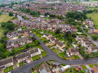 Aerial photo of the UK town of Worsbrough in Barnsley South Yorkshire, England showing rows of...