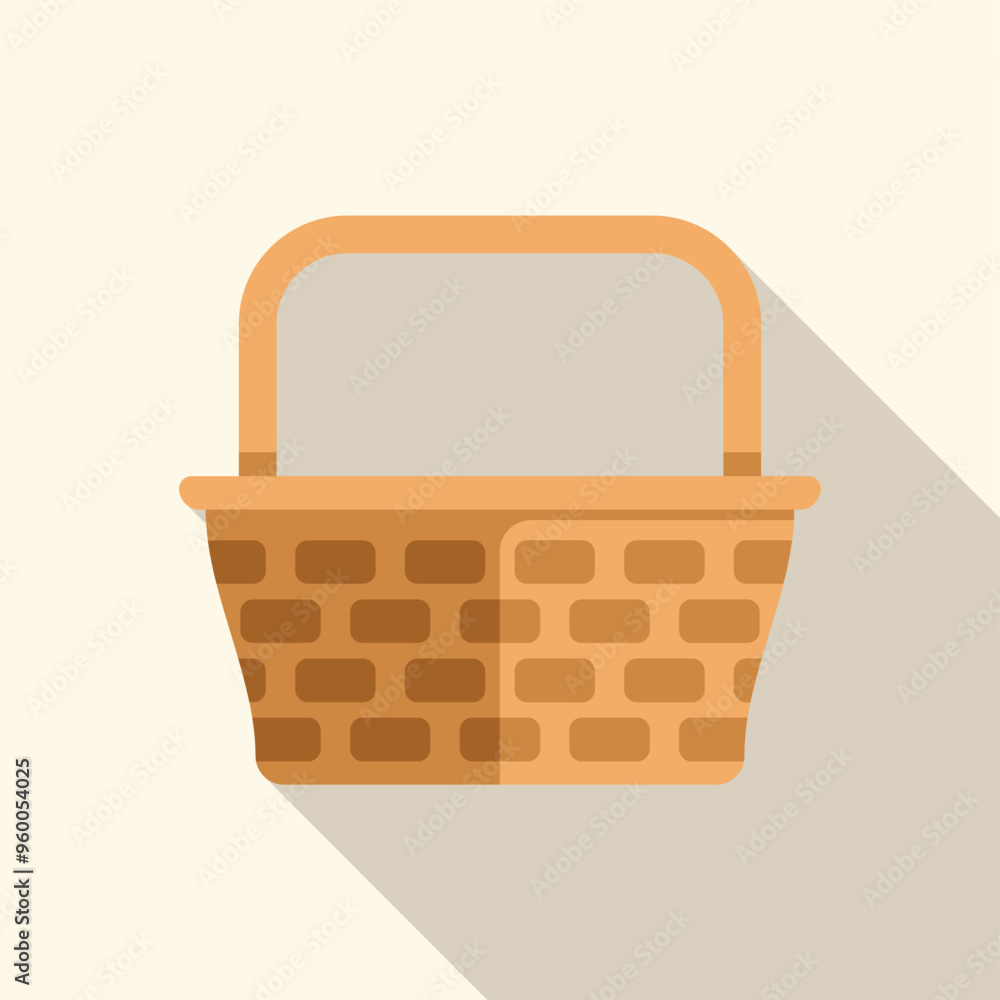 Poster empty wicker basket with a handle, creating a long shadow effect, in a flat design style