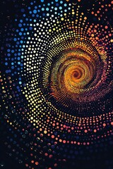 A dotted pattern forming an abstract spiral, with colors shifting from warm tones to cool tones