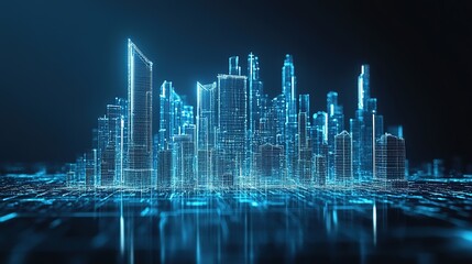 Futuristic blue cityscape with digital skyscrapers.
