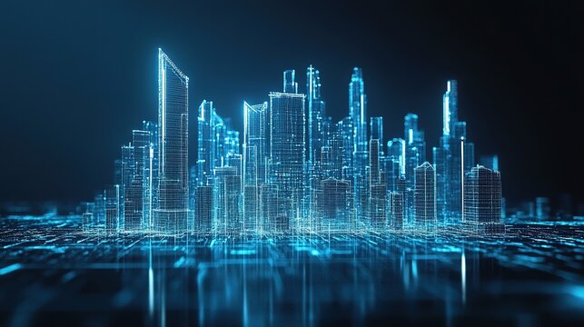 Futuristic blue cityscape with digital skyscrapers.