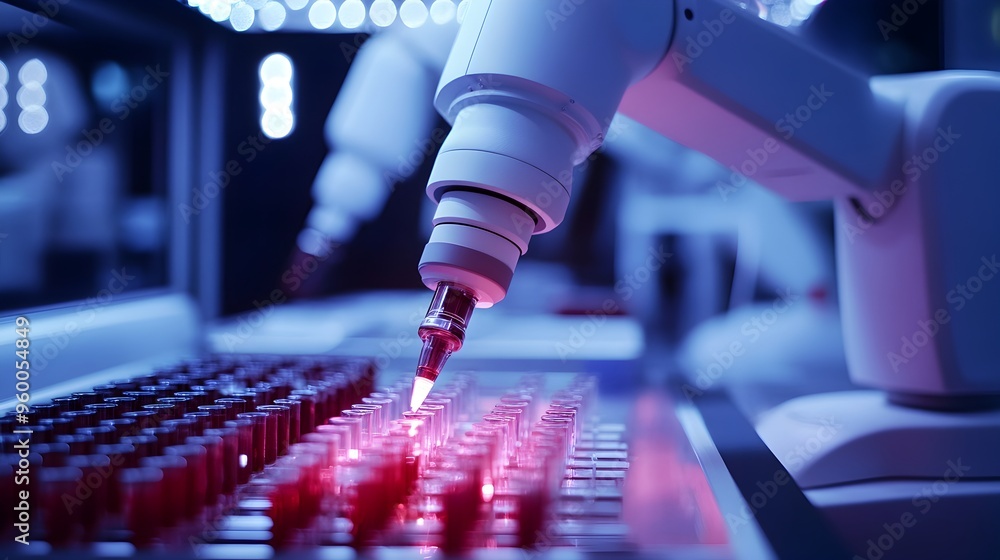 Poster advanced robotic pipetting handling genetic samples in modern laboratory