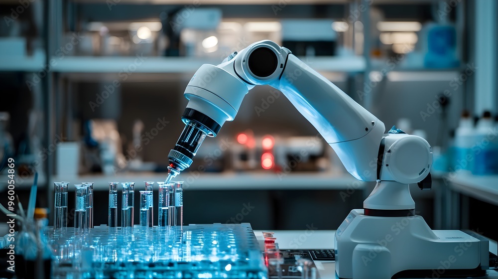 Aufkleber ai powered robotic arm conducting experiments in a cutting edge laboratory