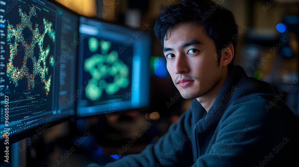 Poster biotech researcher utilizing advanced computer software for data analysis and research