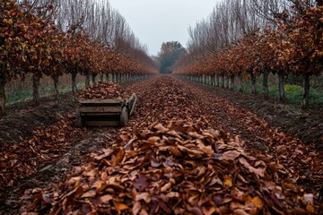 A beautiful orchard garden scene with autumn leaves scattered all over the ground. The rows of trees have leaves turning shades of orange, red, and yellow, depicting fall season.