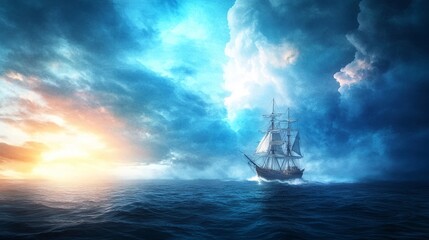 Obraz premium Ghost ship sailing through a stormy night