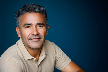 Fototapeta premium mature Hispanic man with salt and pepper hair, seated and relaxed, wearing a beige polo shirt, dark blue background