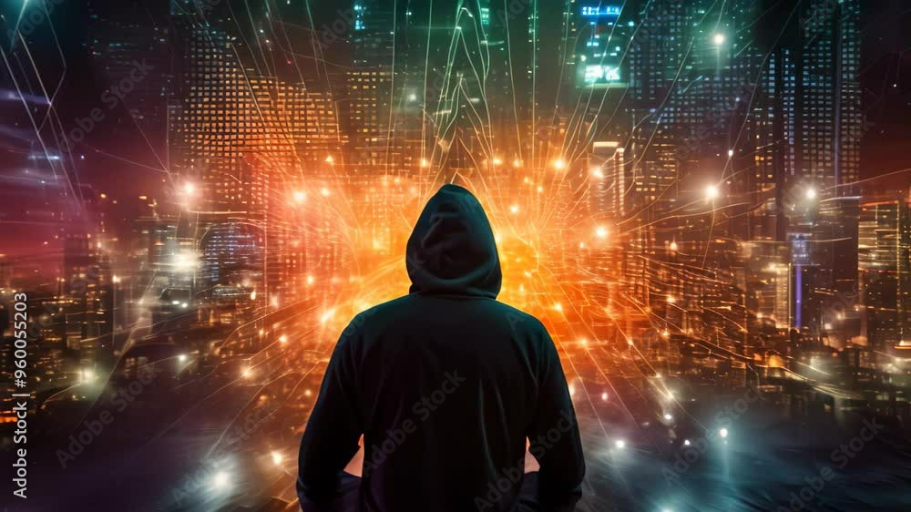 Poster rear view of hacker sitting on the floor with cityscape background, depict an anonymous hacker surro