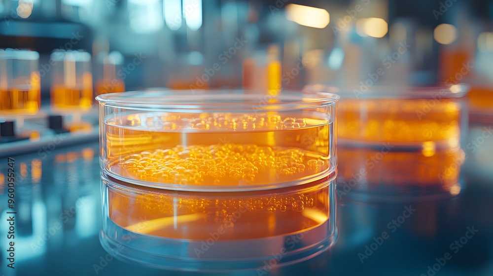 Poster close up of a petri dish with glowing genetically engineered contents in a laboratory setting