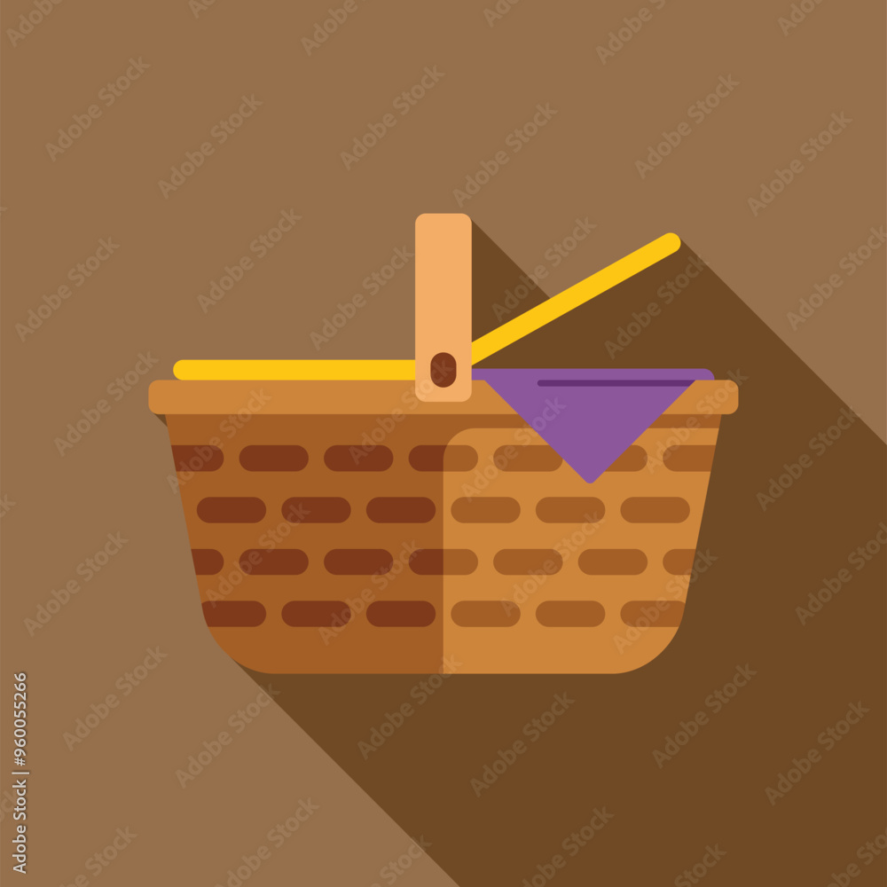 Poster wicker picnic basket with purple blanket open lid long shadow icon for web design and mobile app dev