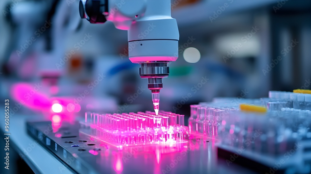 Poster close up of advanced robotic pipetting system handling genetic samples in laboratory