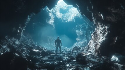 Fototapeta premium Cave Lost in Rainy Winter: The Discoverer's Journey Enveloped in Landslide