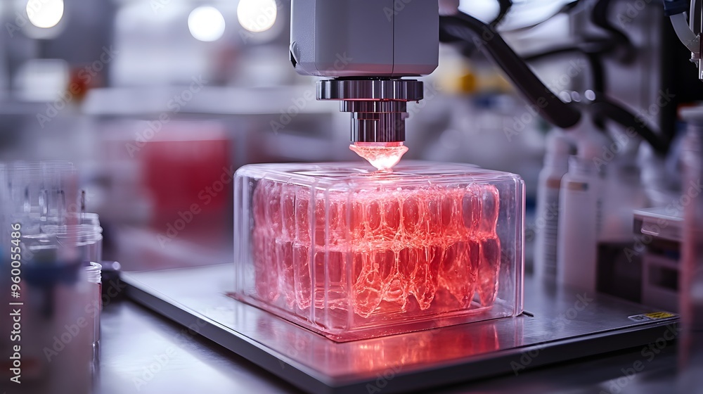 Poster futuristic bioprinting technology creating intricate cellular structures for medical advancements