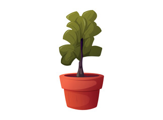 House or office plant with long thick stem in brown clay pot. Vector isolated on white cartoon illustration.