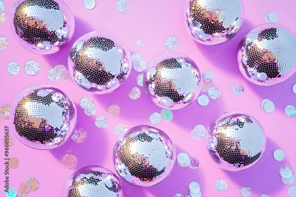 Wall mural flat lay many silver shiny disco balls and holographic confetti on a pastel purple background