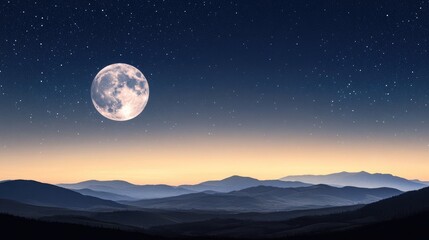 The full moon lights up a clear, starry sky with distant mountains silhouetted, creating a peaceful and serene night scene.