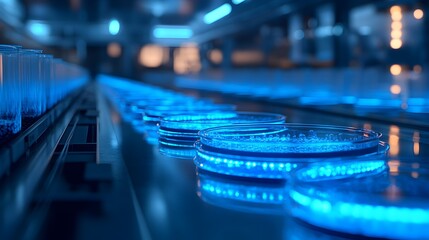 Futuristic Biotech Lab with Rows of Illuminated Petri Dishes